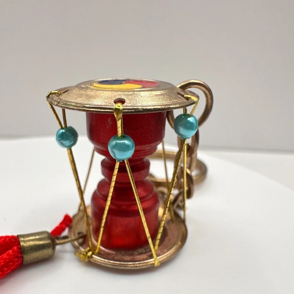 Vintage 90s Korean Janggu Drum Keychain Red Tassel Blue Bead Traditional Style